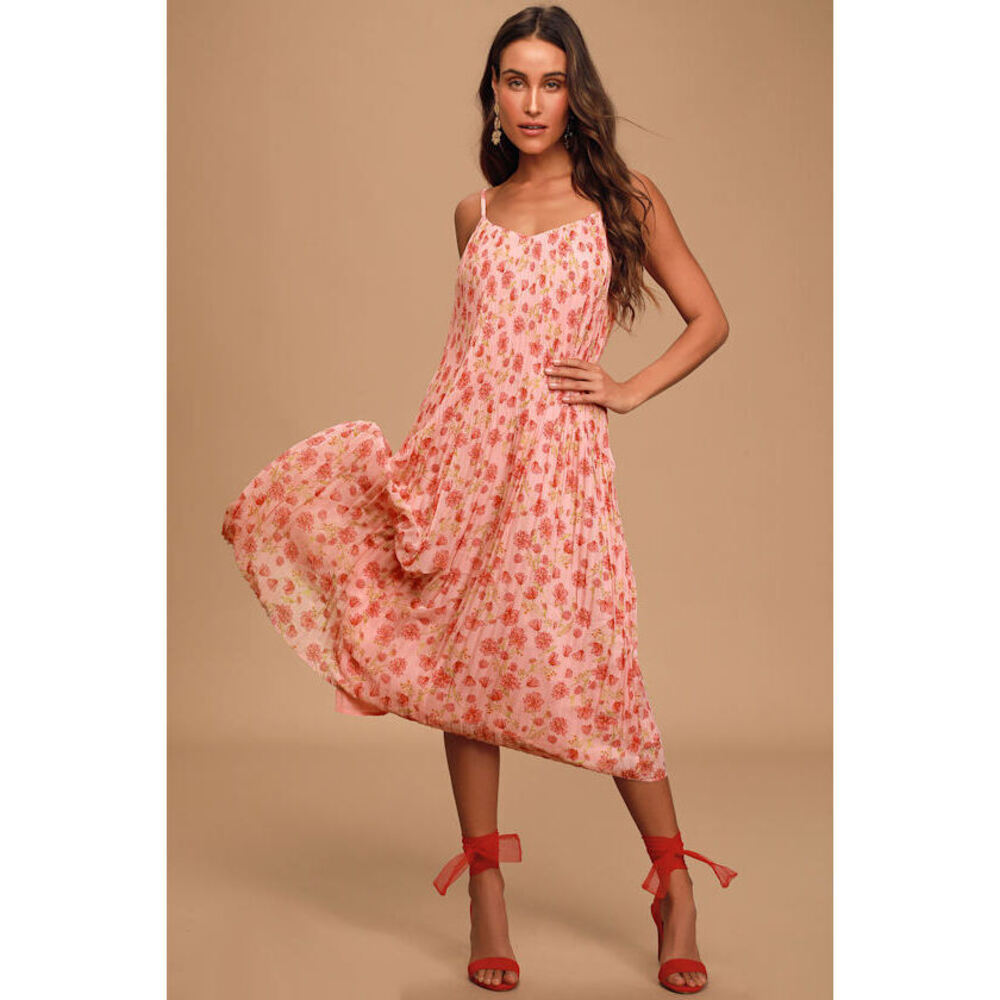 Lulus Liza Pink Floral Print Pleated Midi Dress - Size S